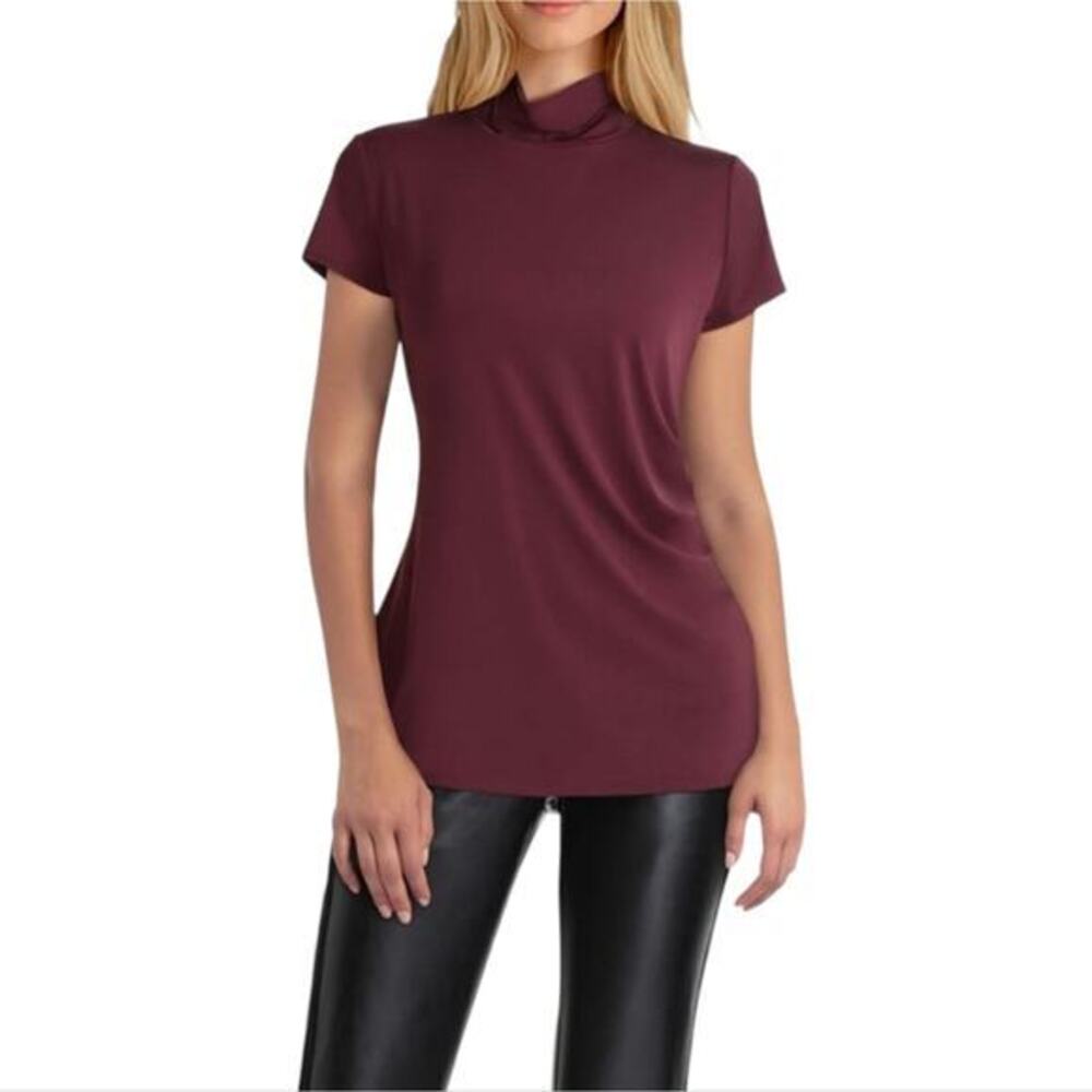 Halston Womens Burgundy Mock Neck Side Drape Short Sleeve Top XXL Wine Red